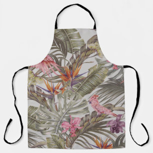Tropical flowers,  palm leaves,  bird of paradise  apron