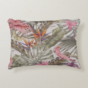 Tropical flowers, palm leaves, bird of paradise decorative cushion