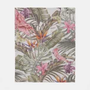 Tropical flowers, palm leaves, bird of paradise fleece blanket