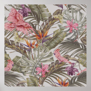 Tropical flowers,  palm leaves,  bird of paradise  poster