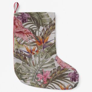 Tropical flowers, palm leaves, bird of paradise small christmas stocking