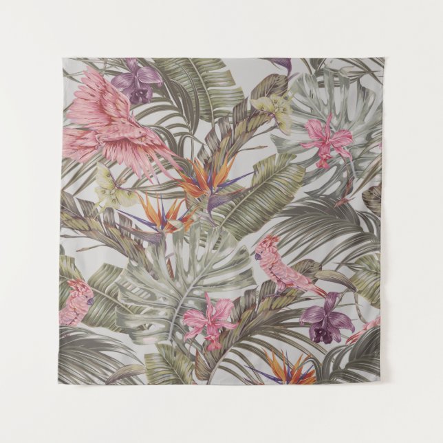 Tropical flowers,  palm leaves,  bird of paradise  tapestry (Front)