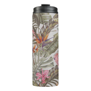 Tropical flowers,  palm leaves,  bird of paradise  thermal tumbler