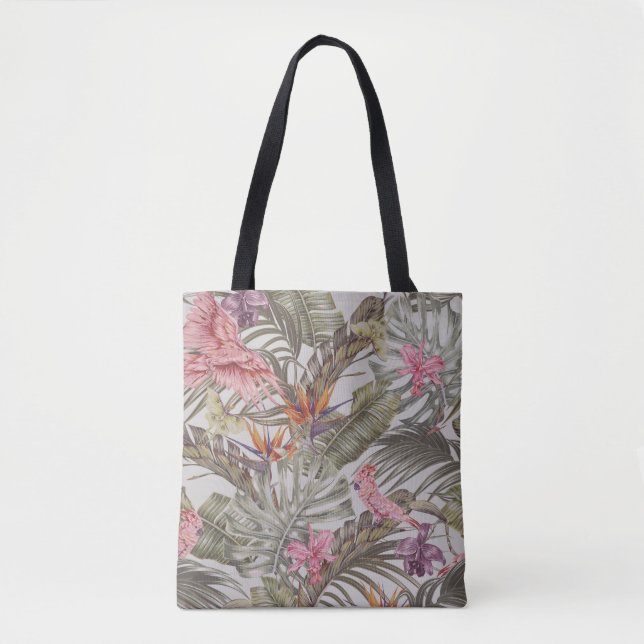 Tropical flowers,  palm leaves,  bird of paradise  tote bag (Front)
