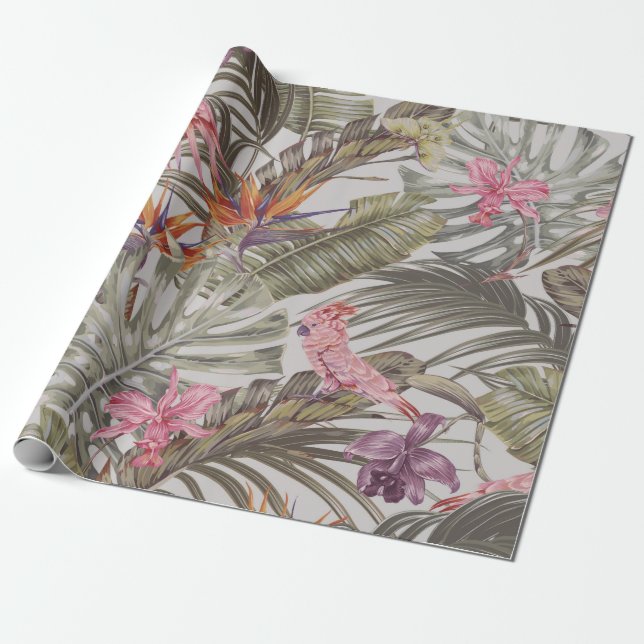 Tropical flowers,  palm leaves,  bird of paradise  wrapping paper (Unrolled)