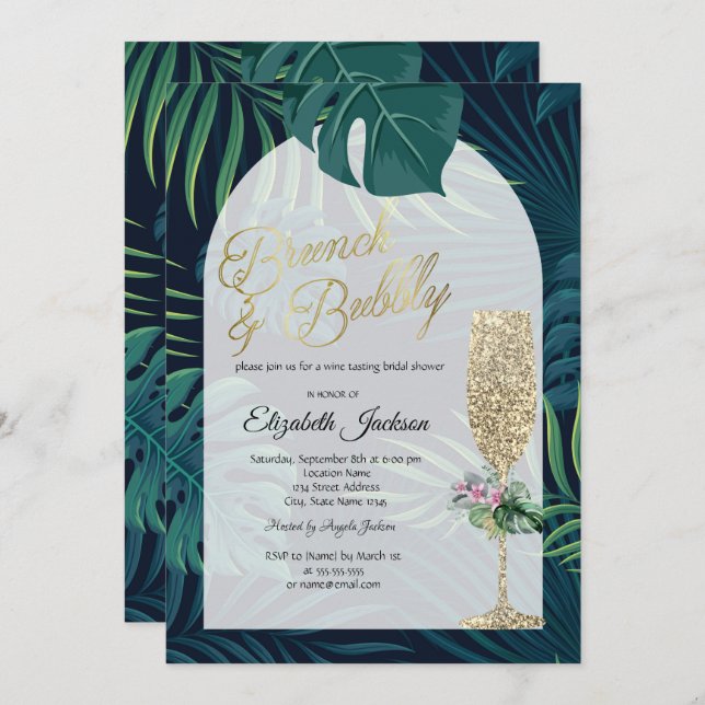 Tropical Flowers Palm Leaves Dark Champagne Glass  Invitation (Front/Back)