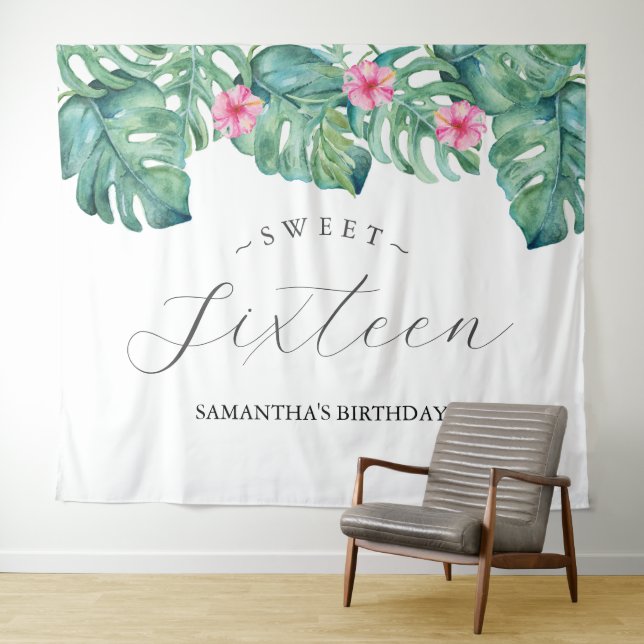 Tropical Flowers Palm Leaves Photo Booth Backdrop Tapestry (In Situ (Horizontal))