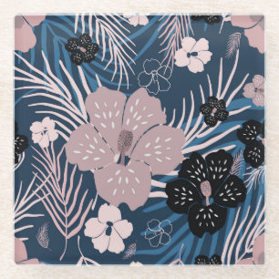 Tropical Flowers Palm Leaves Texture Glass Coaster
