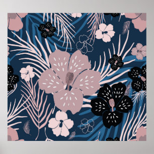 Tropical Flowers Palm Leaves Texture Poster