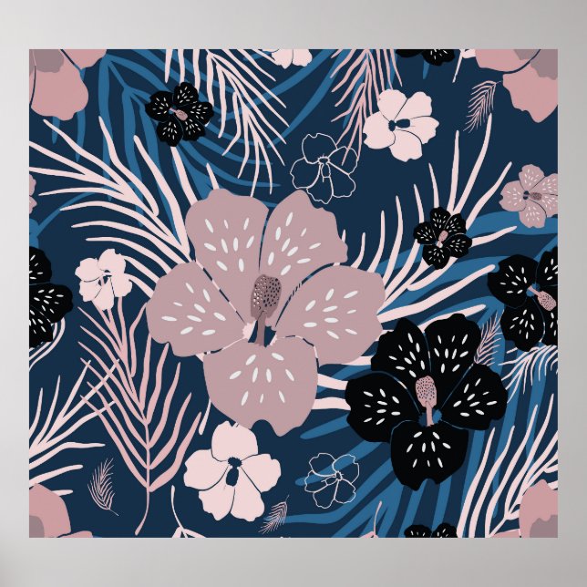 Tropical Flowers Palm Leaves Texture Poster (Front)