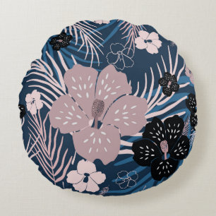 Tropical Flowers Palm Leaves Texture Round Cushion