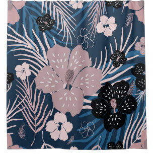 Tropical Flowers Palm Leaves Texture Shower Curtain