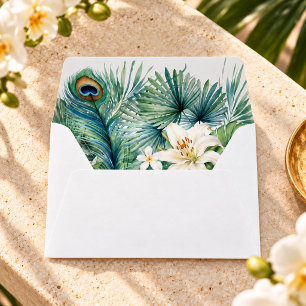 Tropical Flowers Peacock Feather Wedding Envelope