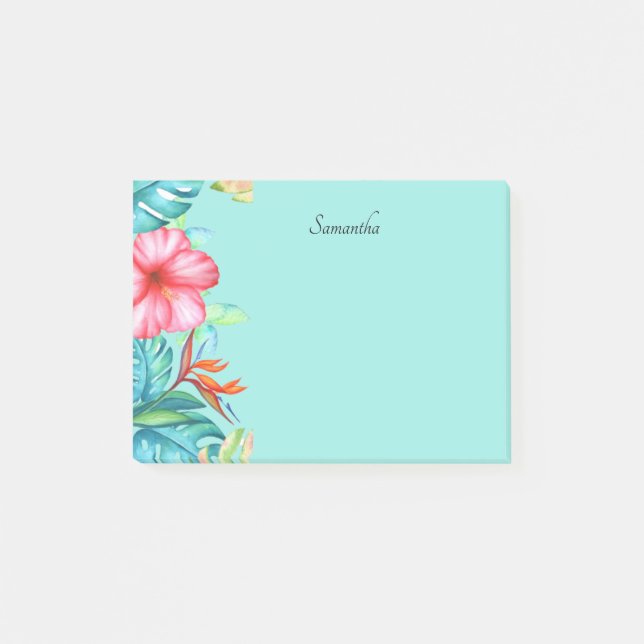 Tropical Flowers Personalised Teal 4x3 Post-it Notes (Front)