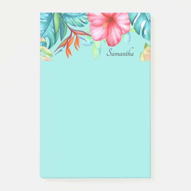 Tropical Flowers Personalised Teal Post-it Notes (Front)