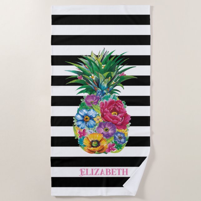 Tropical Flowers Pineapple Black Stripes Beach Towel (Front)