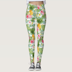 Tropical Flowers & Pineapple On Teal Stripes 2 Leggings