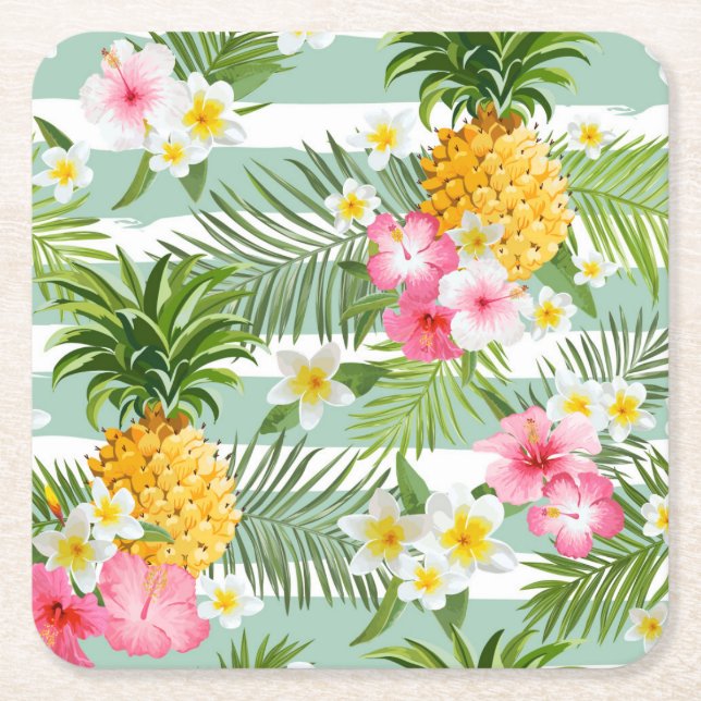 Tropical Flowers & Pineapple On Teal Stripes 2 Square Paper Coaster (Front)