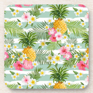 Tropical Flowers & Pineapple On Teal Stripes Coaster