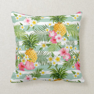 Tropical Flowers & Pineapple On Teal Stripes Cushion