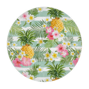 Tropical Flowers & Pineapple On Teal Stripes Cutting Board