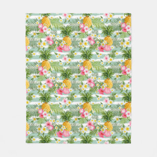Tropical Flowers & Pineapple On Teal Stripes Fleece Blanket