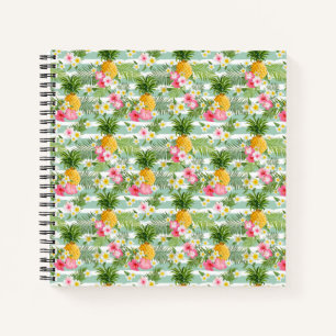 Tropical Flowers & Pineapple On Teal Stripes Notebook
