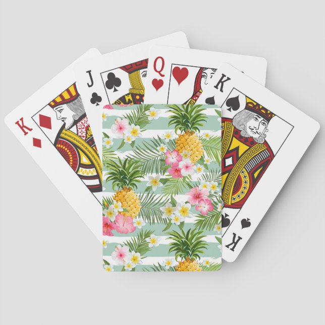 Tropical Flowers & Pineapple On Teal Stripes Playing Cards (Back)
