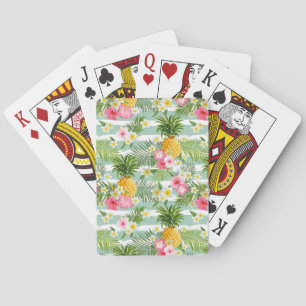 Tropical Flowers & Pineapple On Teal Stripes Playing Cards