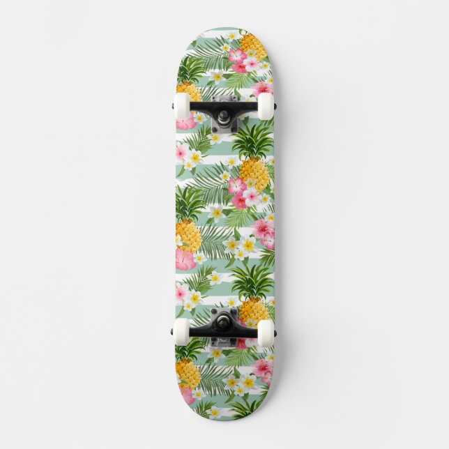 Tropical Flowers & Pineapple On Teal Stripes Skateboard (Front)
