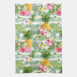 Tropical Flowers & Pineapple On Teal Stripes Tea Towel