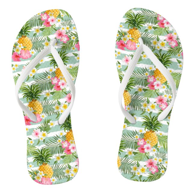 Tropical Flowers & Pineapple On Teal Stripes Thongs (Footbed)