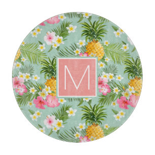Tropical Flowers & Pineapples   Add Your Initial Cutting Board