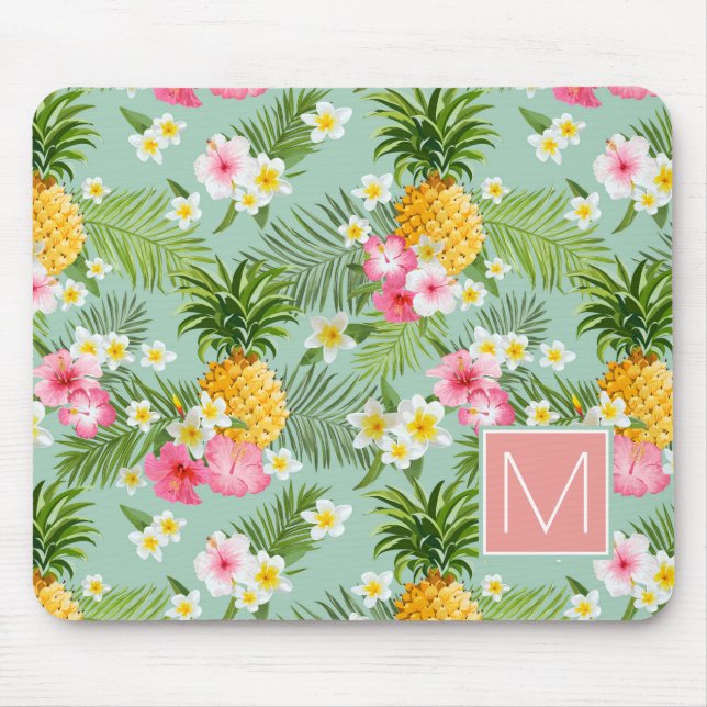 Tropical Flowers & Pineapples | Add Your Initial Mouse Pad (Front)