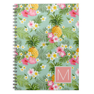 Tropical Flowers & Pineapples Add Your Initial Notebook