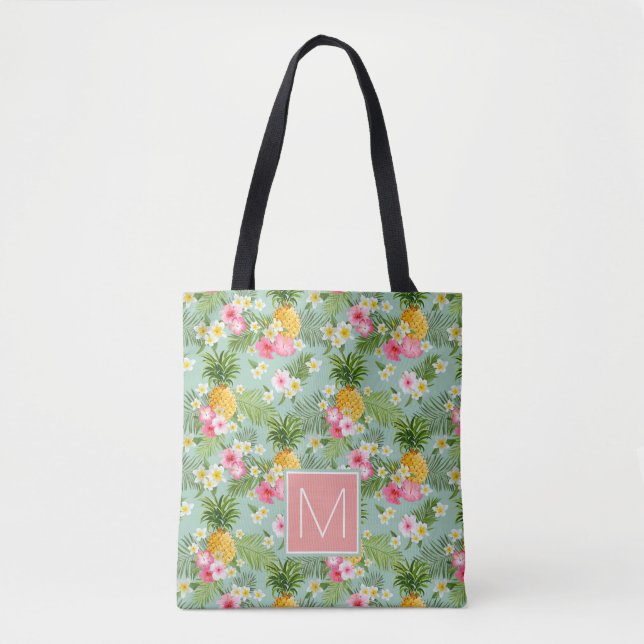 Tropical Flowers & Pineapples | Add Your Initial Tote Bag (Front)