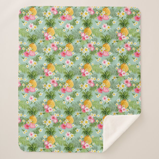 Tropical Flowers & Pineapples Sherpa Blanket (Front)