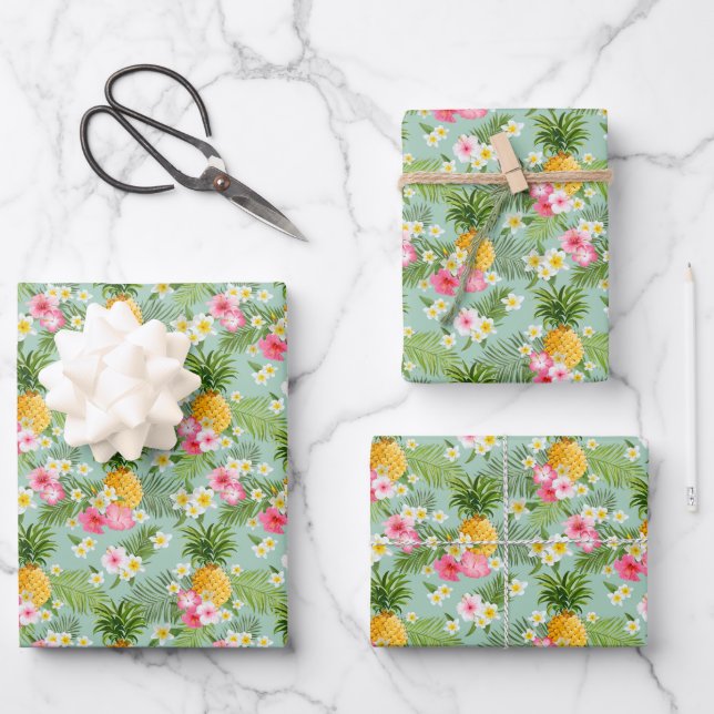Tropical Flowers & Pineapples Wrapping Paper Sheet (Front)