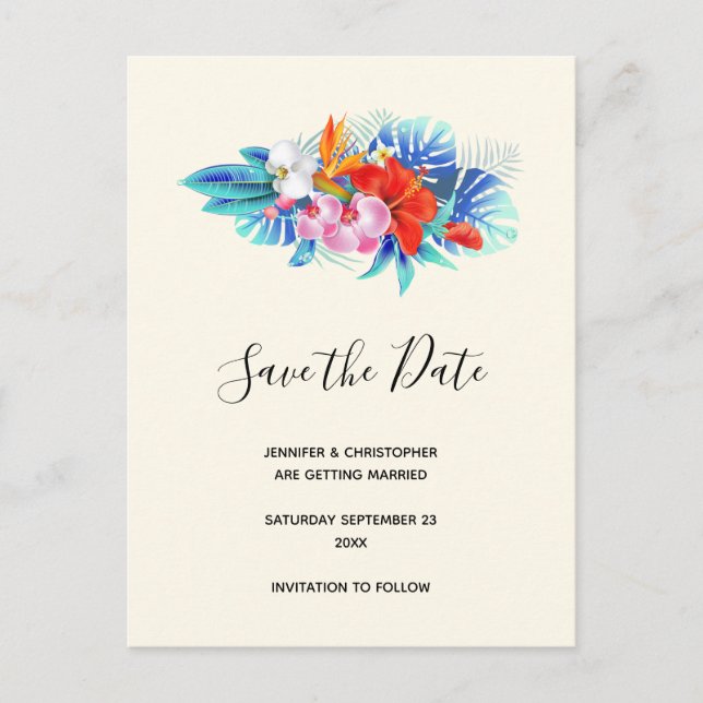 Tropical Flowers - Pink & Aqua Save the Date Invitation Postcard (Front)