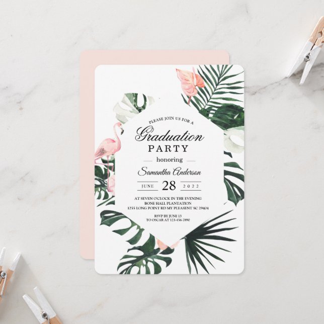 Tropical Flowers & Pink Flamingo Beauty Invitation (Front/Back In Situ)