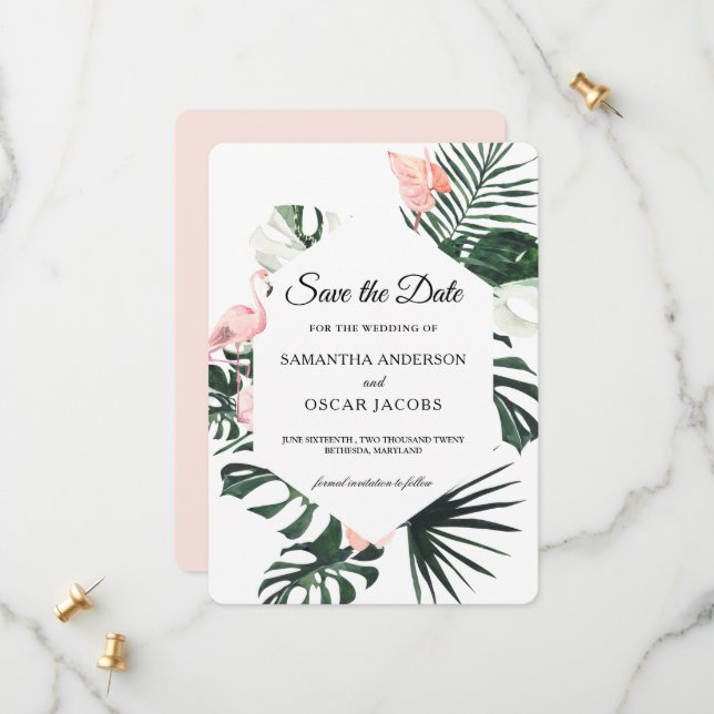 Tropical Flowers & Pink Flamingo Beauty Save The Date (Front/Back In Situ)
