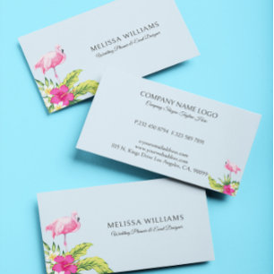 Tropical Flowers & Pink Flamingo On Blue Business Business Card