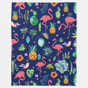 Tropical Flowers & Pink Flamingos Illustration Fleece Blanket