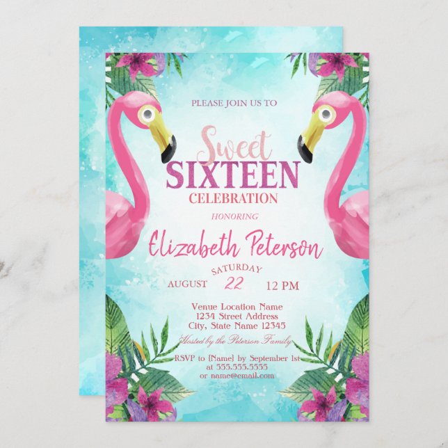 Tropical Flowers Pink Flamingos Sweet 16 Party Invitation (Front/Back)