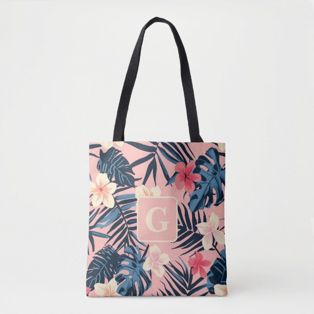 Tropical flowers pink Monogram Tote Bag (Front)