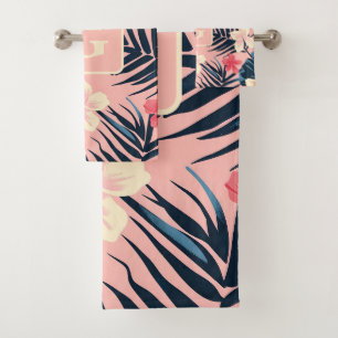 Tropical flowers pink personalised Monogram Bath Towel Set