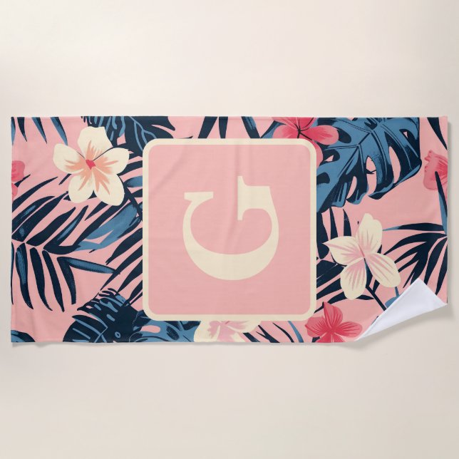 Tropical flowers pink personalised Monogram Beach Towel (Front)