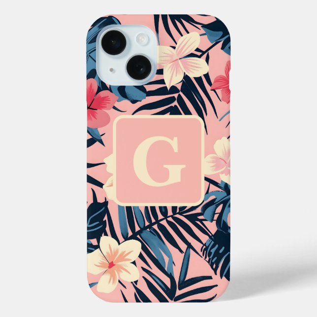 Tropical flowers pink personalised Monogram Case-Mate iPhone Case (Back)