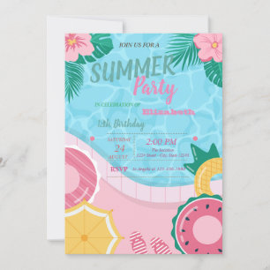 Tropical Flowers Pool Birthday Party Invitation
