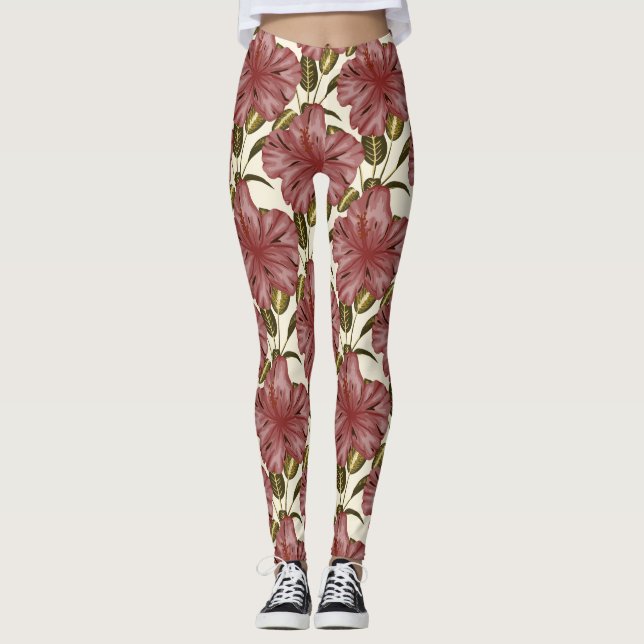 Tropical flowers seamless pattern | red flowers leggings (Front)